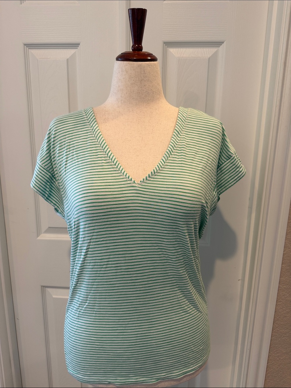 White House Black Market Mint-Striped V-Neck Short Sleeve Tee